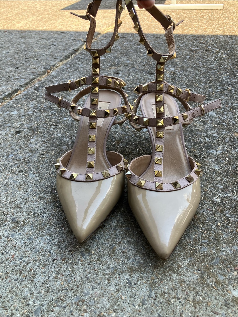 Valentino Studded T-Strap Pointed Toe Pumps - Nude
